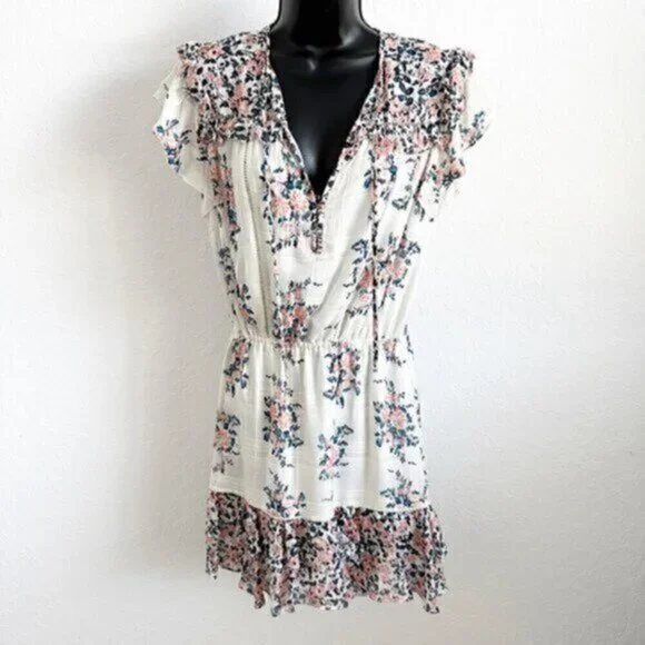 Veronica Beard Amica Floral Ruffle Silk Tiered Skirt Dress White Pink Size 2 - Picture 3 of 12